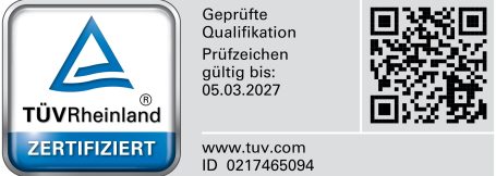 TÜV Zertifikat Marcel Holden TÜV Rheinland Zertifikat mit QR-Code.